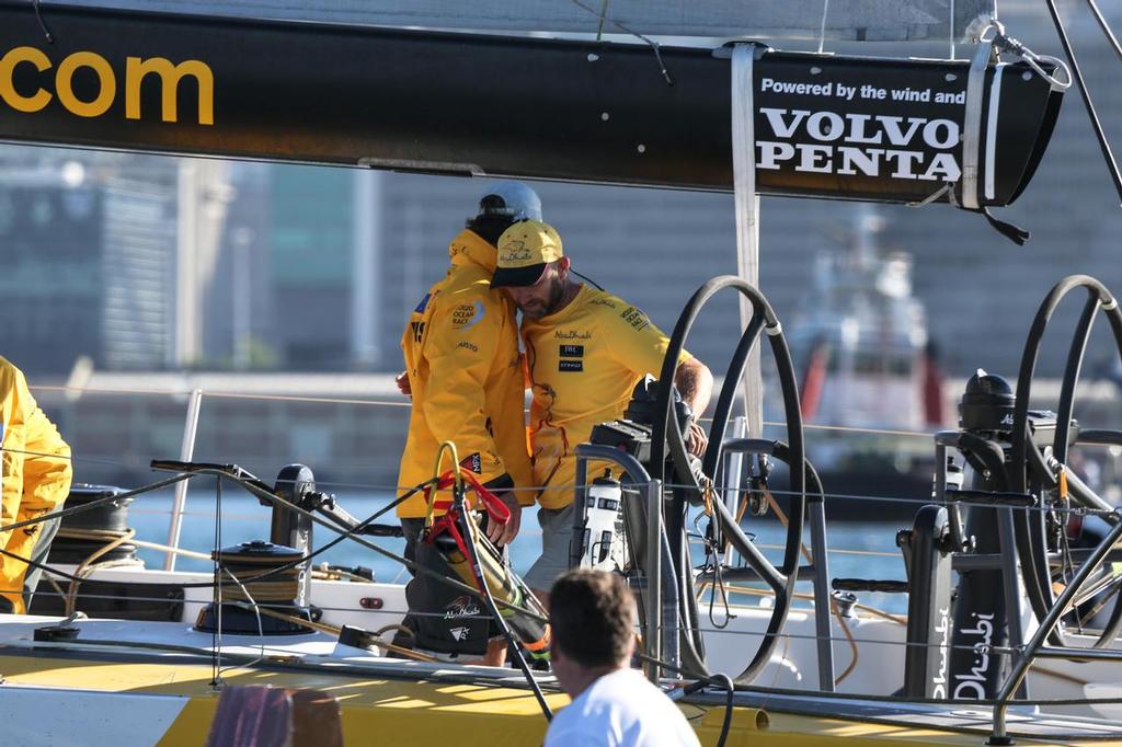 November 5, 2014. Abu Dhabi Ocean Racing celebrate after crossing the finish line in Cape Town as the winners of Leg 1. &copy; Volvo Ocean Race http://www.volvooceanrace.com